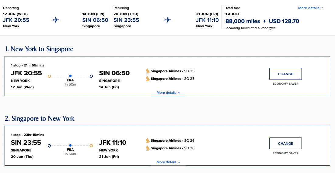 JFK to SIN roundtrip redemption 
